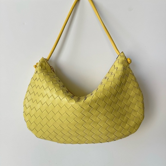 Yellow Intrecciato Woven Half Moon Leather Clutch Wristlet Top Handle Bag - Picture 12 of 16